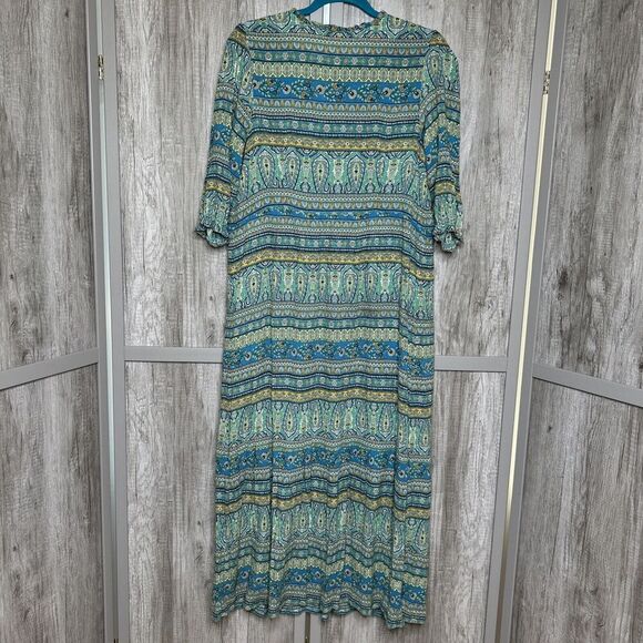 J Jill Midi Dress A Line Lined Blue and Green Short Sleeve Resort Size Medium - Picture 9 of 9